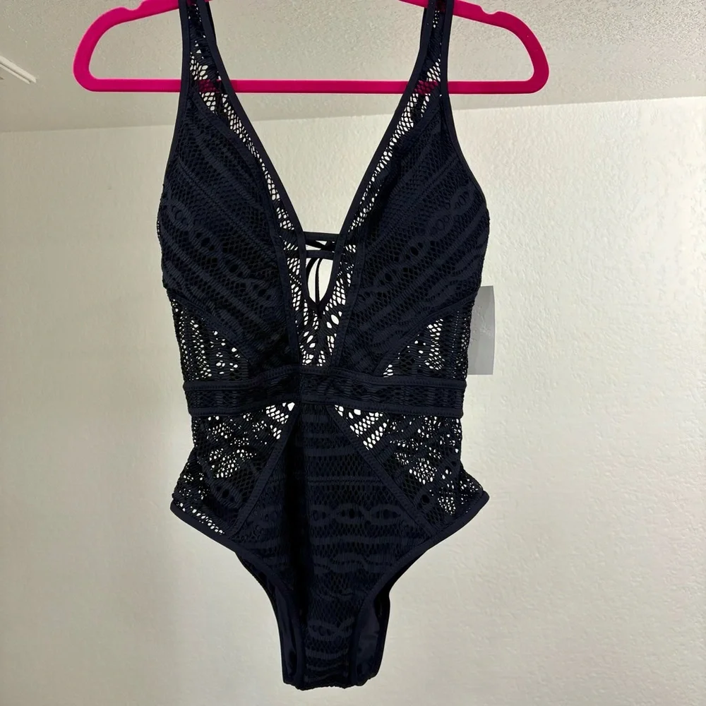 NWT! BECCA BY REBECCA VIRTUE, Crochet One-Piece Swimsuit in black. - Picture 2 of 10